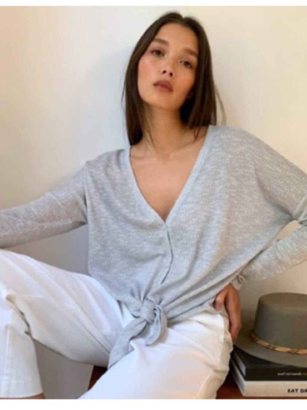 The Group Babaton Waffle long Sleeve tie Front Top Small Dusky Pink/Taupe